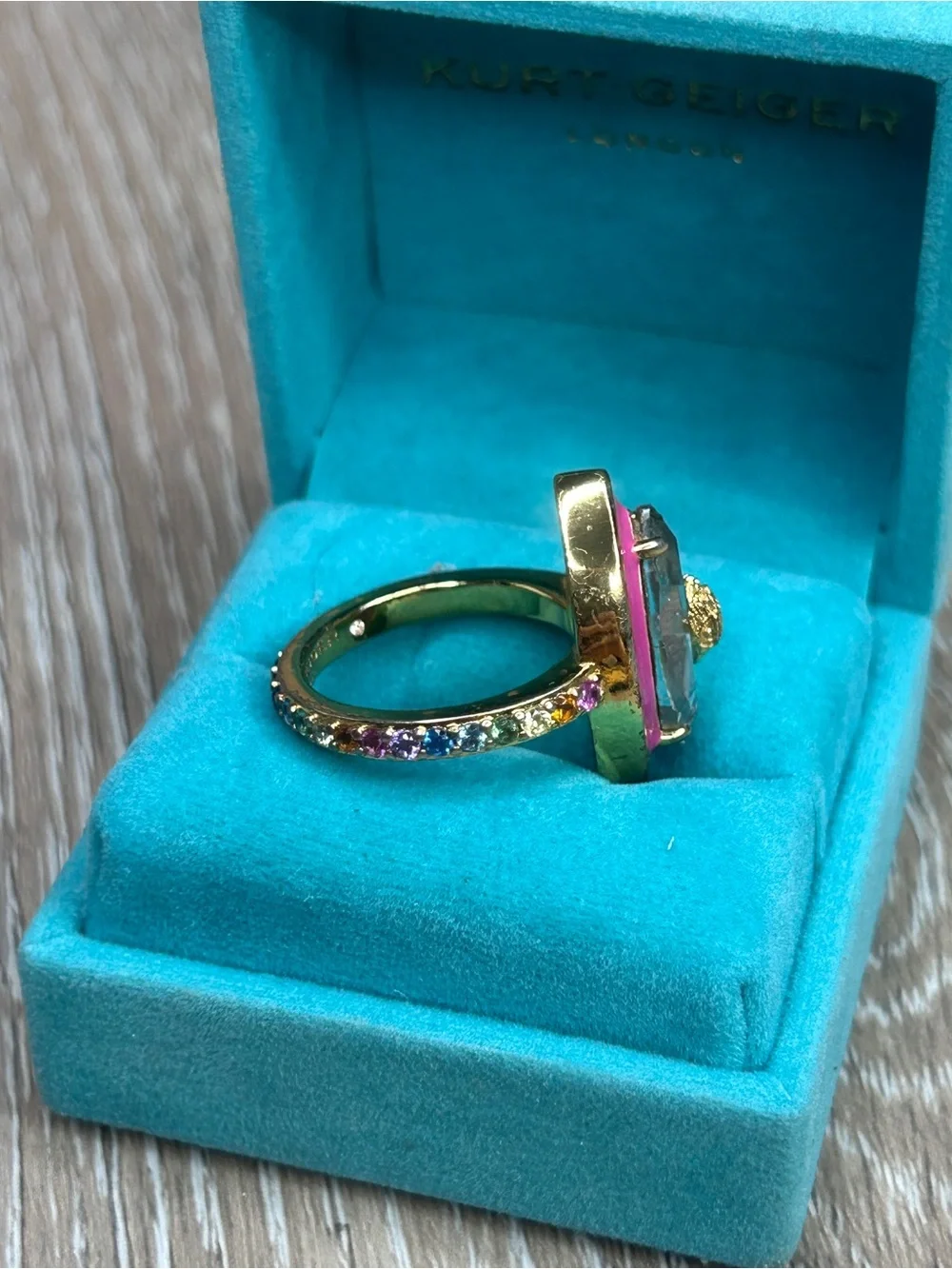 Kurt Geiger Gold-Tone w/Pink Enamel Clear Marquise Stone Statement Ring Size 8